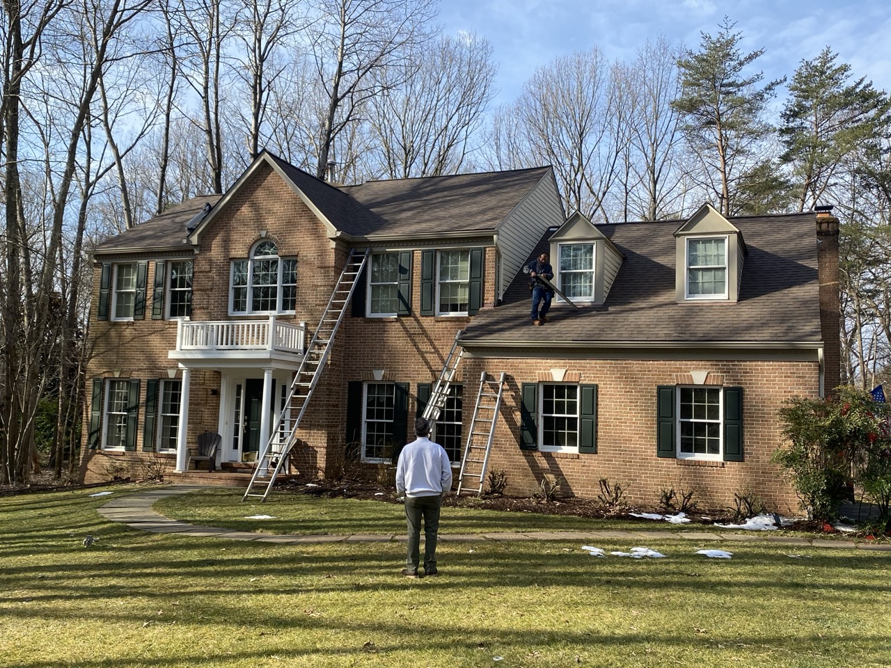 2 Story Single Family Brick Colonial in Gambrill's MD getting new gutters installed by Mike's Seamless Aluminum Gutters